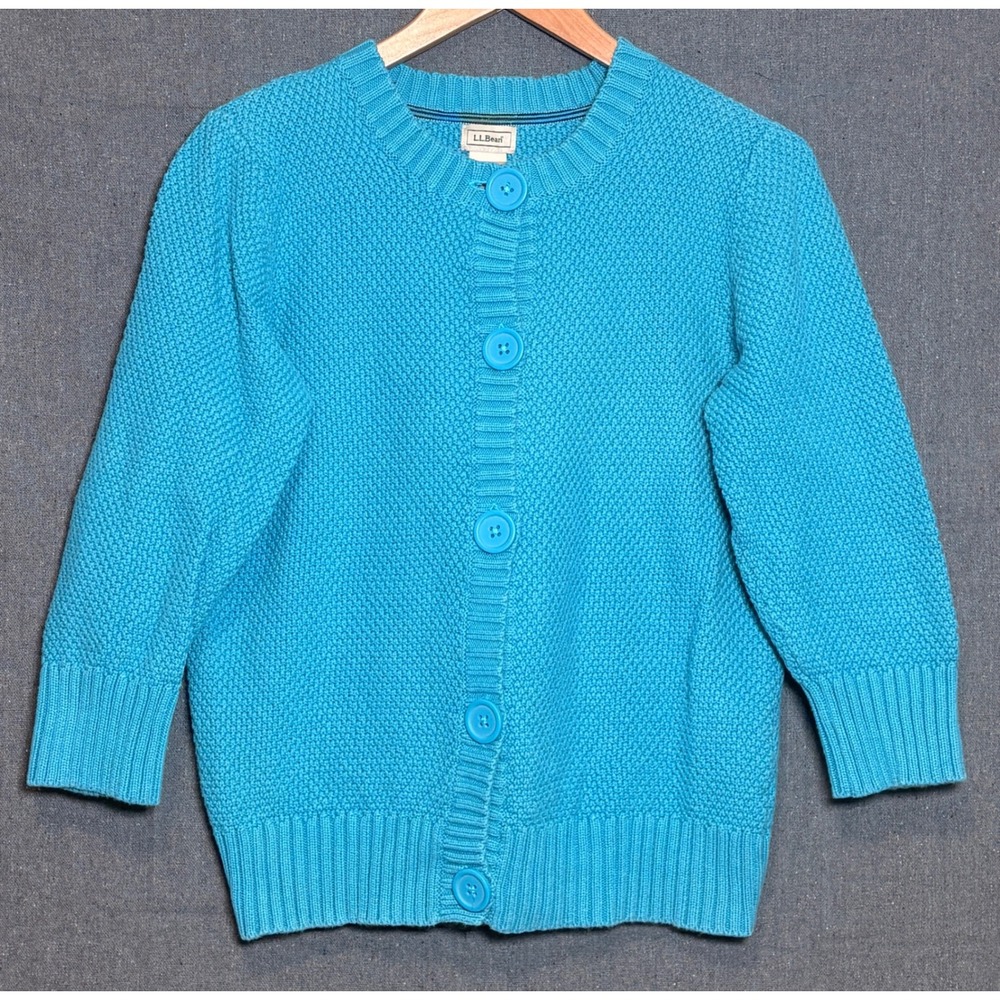 LL Bean Womens Aqua Blue Cotton Popcorn Knit Cardigan Sweater 3/4 Sleeve Small